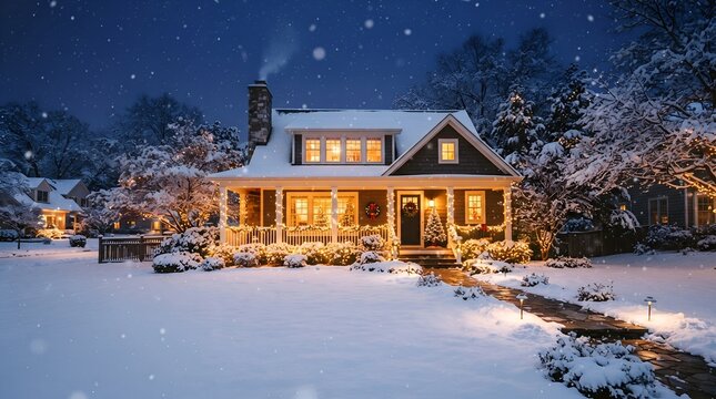 Cozy suburban house illuminated for Christmas during a snowy winter night.