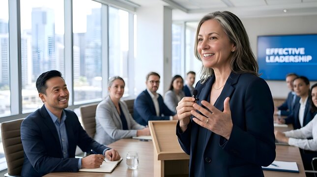 Confident woman leading business meeting with team, leadership concept