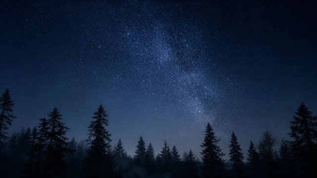 Starry night sky with Milky Way above silhouetted pine trees