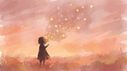 Obraz premium A silhouette figure standing still at dusk, glowing fireflies swirling gently from their head, dreamy watercolor illustration