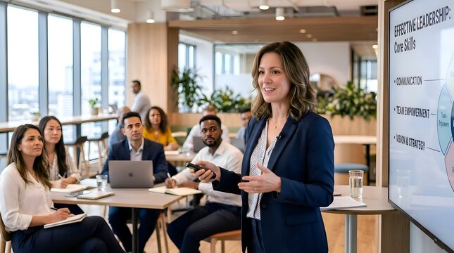 Confident Woman Leads Business Meeting Presentation