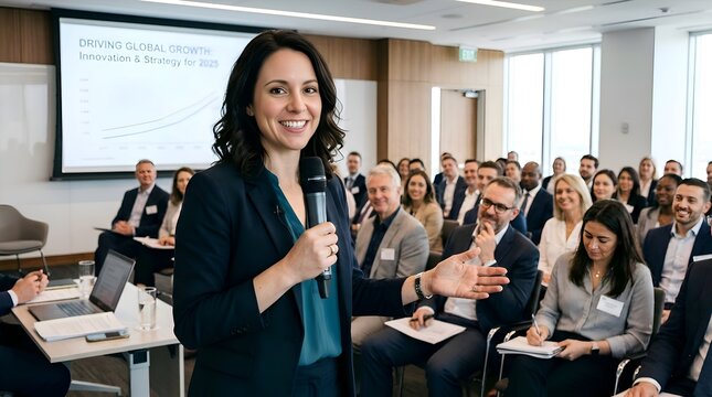 Confident Woman Presenting at Business Conference