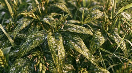 Obraz premium Green leaves covered in fresh morning dew droplets.