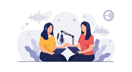 Obraz premium Two Women Recording Podcast Session with Microphone and Sound Waves, Modern Flat Illustration