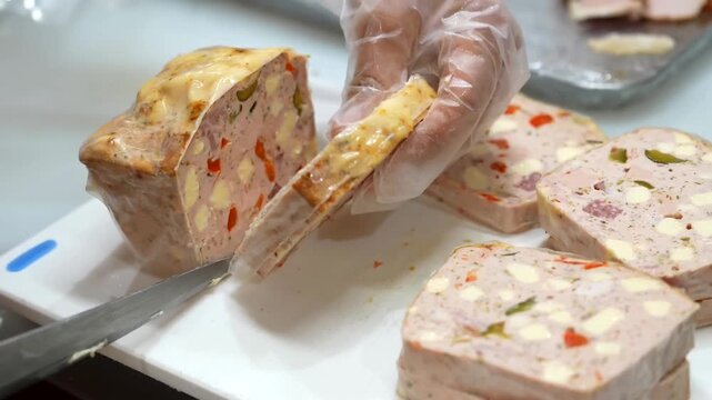 The automated processing of meat deli products involves precise mechanical slicing and manual organization to ensure uniform portion sizes for retail packaging in a sterile facility environment