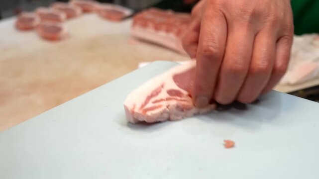 A skilled butcher performs precise slicing of fresh pork loin and uses a mechanical tenderizer on portions for retail packaging within a clean commercial kitchen food production environment
