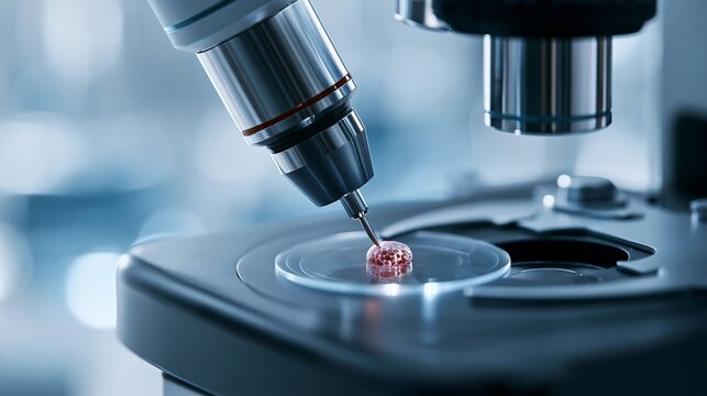 Microscope objective focused on a single biological cell for precision analysis. Biotechnology, laboratory diagnostics, biomedical engineering and next-generation healthcare research