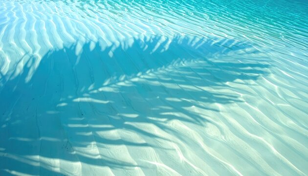 Palm Frond Shadow on Sandy Ocean Floor Under Clear Turquoise Water.