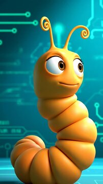 3D worm character over glowing computer circuit background.