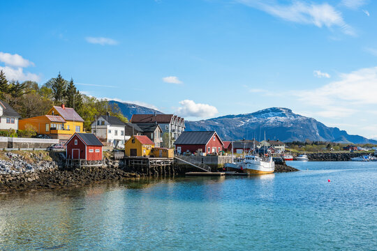 View to houses at the water in Bronnoysund, Norway