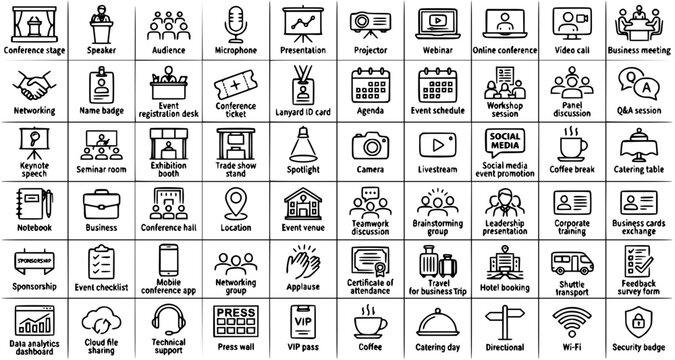Event Management and Conference Planning Line Icon Set, Professional Business Meeting and Networking Seminar Symbols