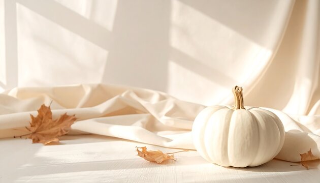Luxury Cream Beige Halloween Background with White Pumpkin