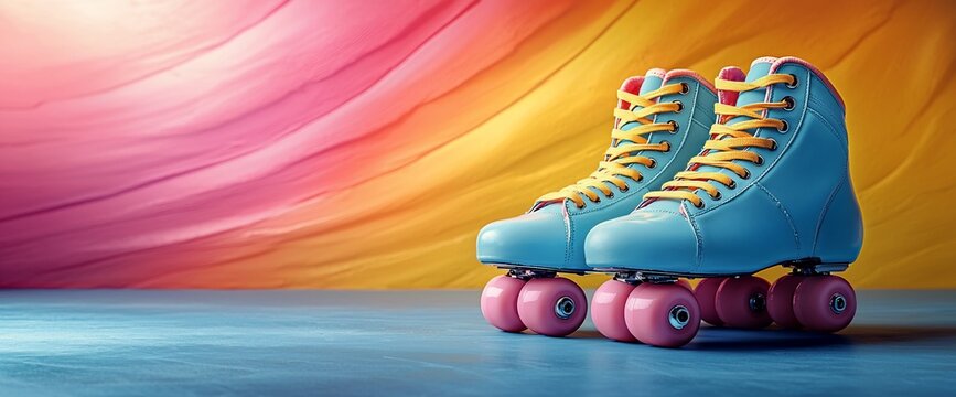 Pastel Roller Skates on Colorful Background. Fun Retro Sport