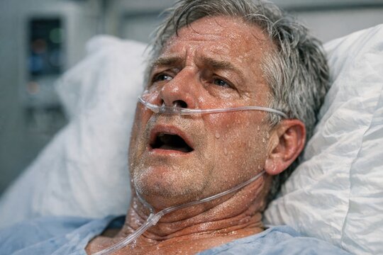 A person lying in a hospital bed with a medical tube attached to their face