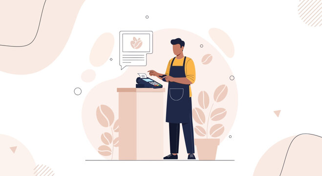 Barista Processing Payment at Coffee Shop Counter with POS Machine and Coffee Bean Icon