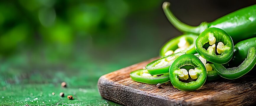 Sliced green chili peppers on a wooden board