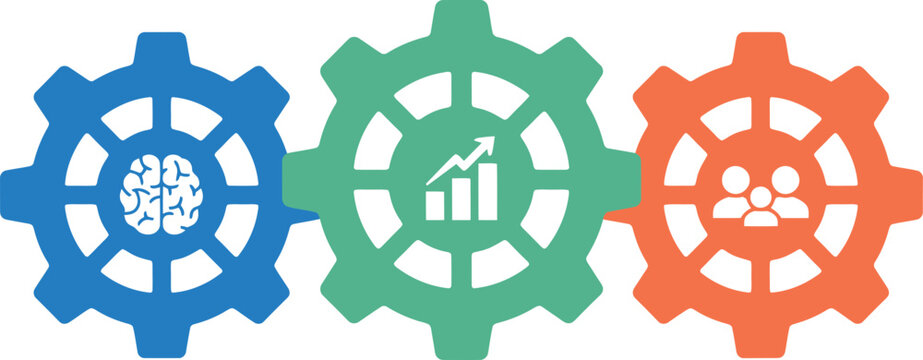 Three interlocking gear icons in vibrant colors