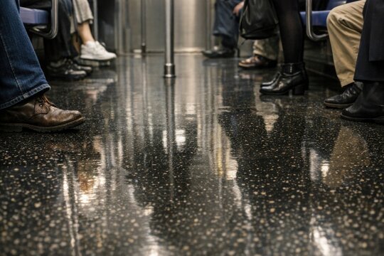 A group of people sitting and standing on a moving train