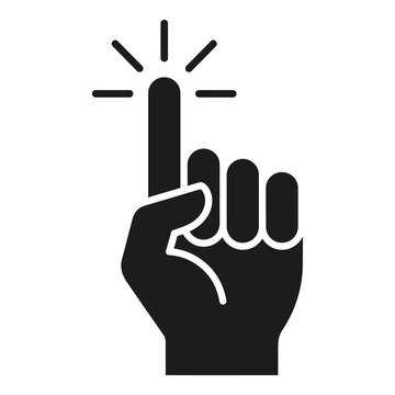 Black hand with index finger pointing up and light rays  simple icon icon