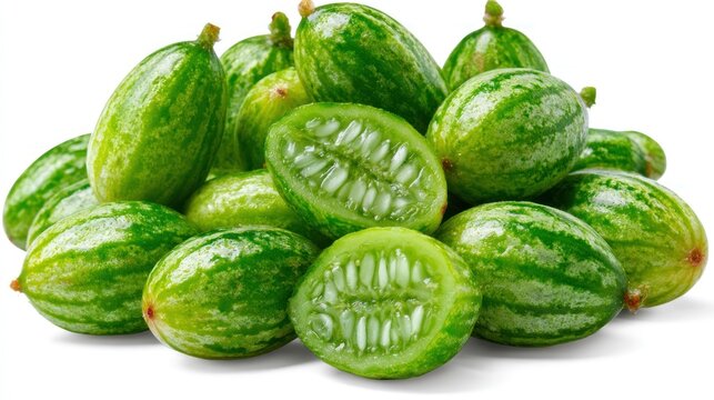 Pile of fresh mexican sour gherkins and sliced cucamelons.
