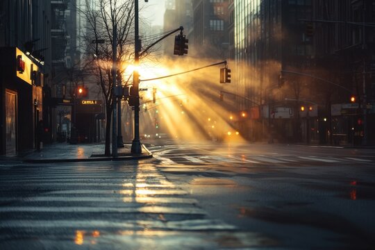 Sunrise sunbeam light city street intersection dawn mist wet urban sunrise light over empty city street with wet pavement and misty buildings, sunbeam through traffic signal and quiet dawn