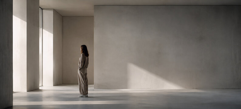Woman standing alone in a spacious minimalist interior with warm sunlight and geometric shadows, mindfulness and self-reflection concept.