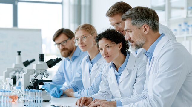 Diverse team of scientists collaborating on research in a modern laboratory setting