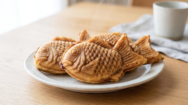 お皿にのった焼きたての温かいたい焼きのクローズアップ