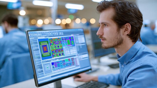 Engineer designs microchip layout on computer using advanced CAD software