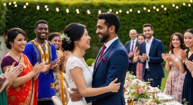 Indian wedding couple exchanging garlands in traditional ceremony. Bride and groom performing Jaimala ritual at outdoor celebration with guests.