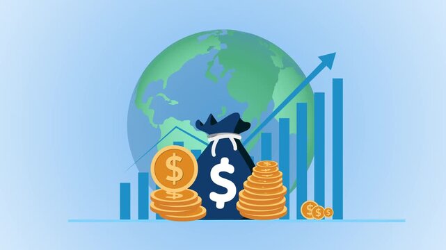Global finance growth and profit, Money bag in front of a world globe with rising bars and an upward arrow animation