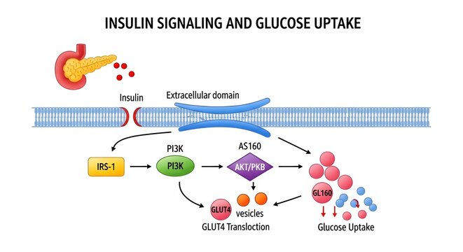 Biological illustration of insulin signaling and glucose uptake mechanism.