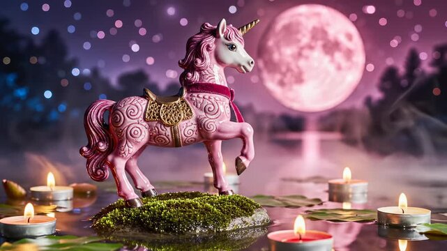 Pink unicorn figurine stands on moss rock under moon. Fantasy unicorn with candles floating in water. Pink horse figurine on moss stone. Magical unicorn toy with moon and candle lights around.