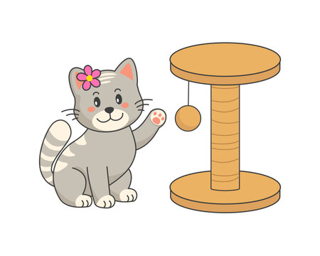 Cute cat, cartoon kitten, Kitty playing with a scratching post. Vector illustration.