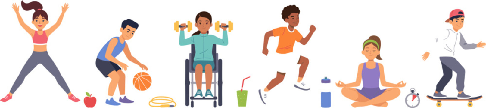 Active Kids Fitness Illustration Set with Basketball, Wheelchair Dumbbell, Running, Yoga, and Skateboard Characters for Healthy Lifestyle Designs