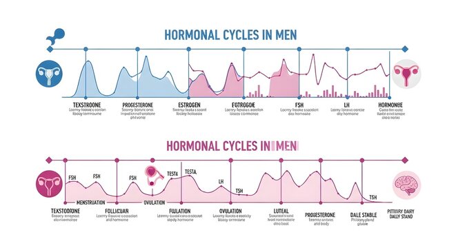 Illustration of male and female hormonal cycles with graphs and icons.