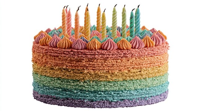 Rainbow textured buttercream cake with lit birthday candles.
