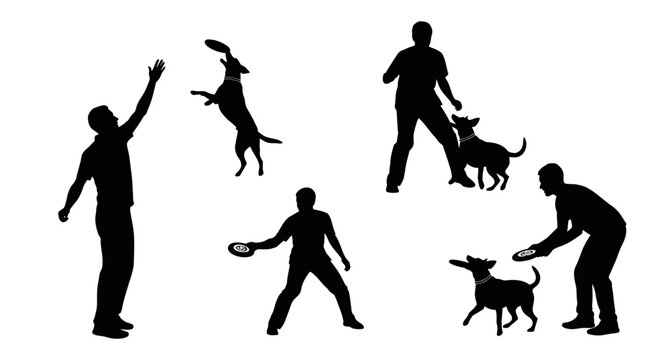 Silhouette Collection of People Playing with Dogs and Frisbees