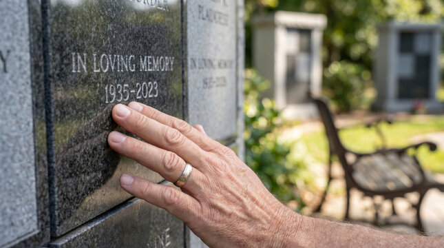 Man hand touching gravestone with inscription in cemetery. Mourning concept and reflection on loss. Paying tribute at grave of loved one during funeral service to honor memory of deceased relative