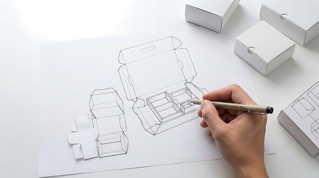Packaging design concept sketching process with white cardboard boxes on table