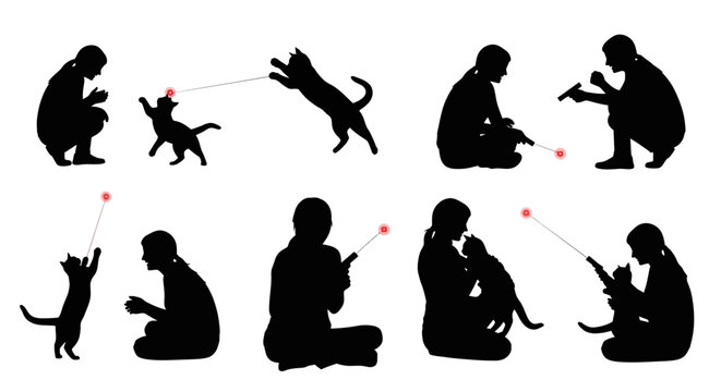 Silhouettes of People Playing with Cats Using Laser Pointers
