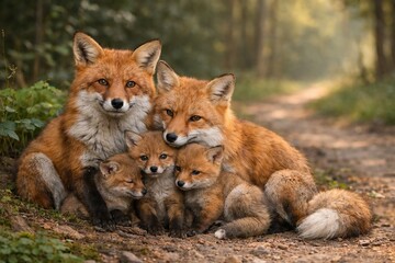 Obraz premium Family of red foxes sitting together on a forest path. Mother fox cuddling her cute little kits. Wild animals in their natural habitat. Wildlife photography depicting love, protection and animal care