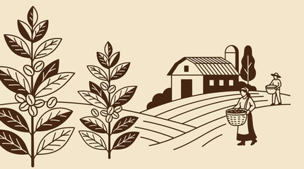 Farmers harvesting crops near a rustic barn in a rural landscape illustration © delly