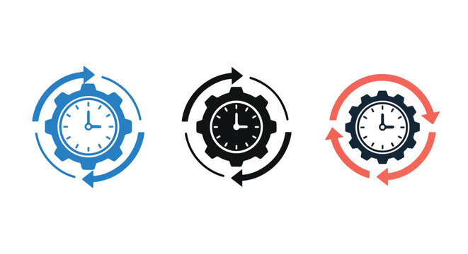 Gear clock cycle time management icons: Line and glyph solid icon and logo template - Clipart, sticker - icon set