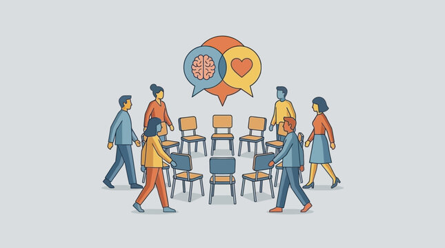 Diverse group of people walking around a circle of empty chairs