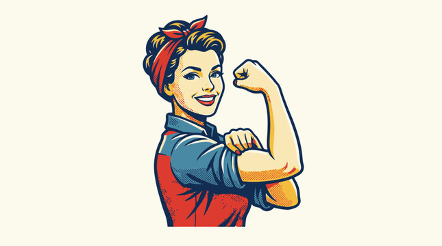 Confident woman in vintage style flexing her arm with determination