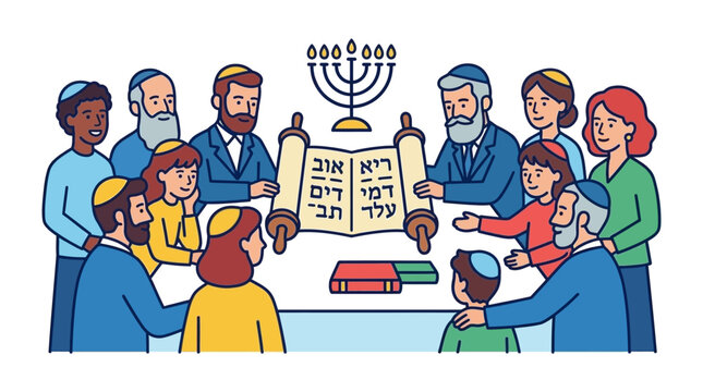 A diverse group of people studying the Torah scroll together