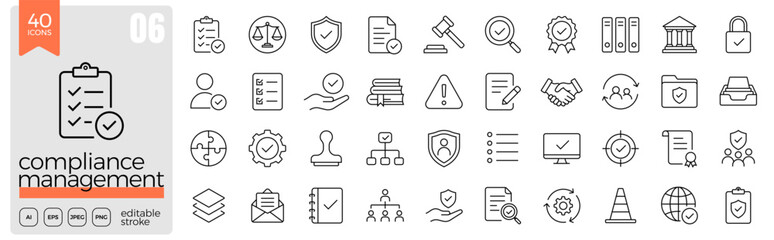 Fototapeta premium Compliance management line icon set. Regulatory compliance, risk management, governance, audit, policy, legal requirements, quality assurance, business operations. Editable stroke