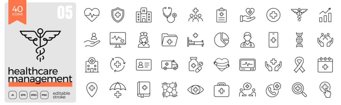 Healthcare management line icon set. Healthcare administration, hospital operations, patient care, medical services, clinical workflow, health systems, medical management. Editable stroke