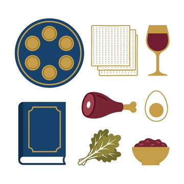 Flat vector illustration of traditional Jewish Passover seder symbols